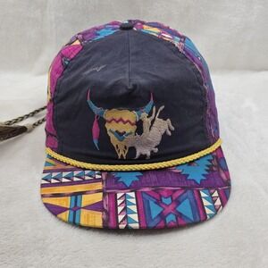 VINTAGE Buffalo Skull Hat Cap‎ Tie Back Tribal Aztec Western Made In USA Mens